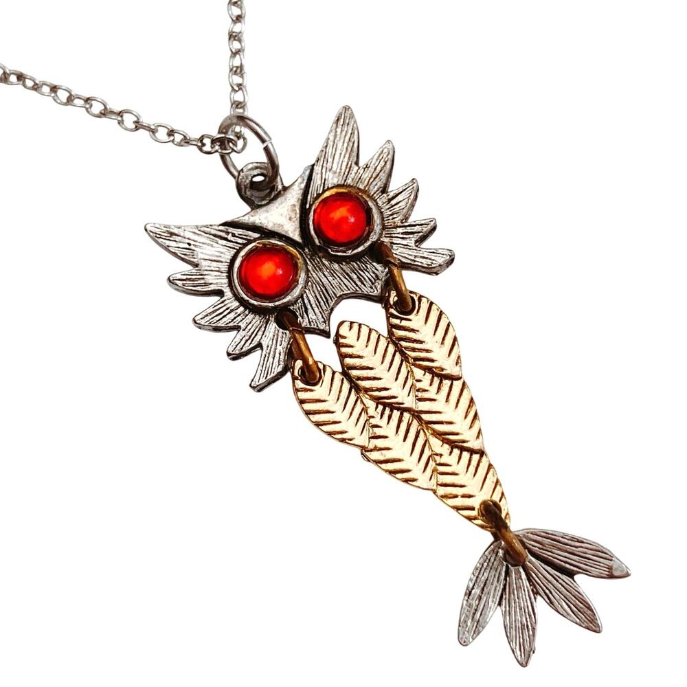 VTG Mid Century Owl Pendant Necklace Red Cabochon Eyes Mixed Metal 1970s